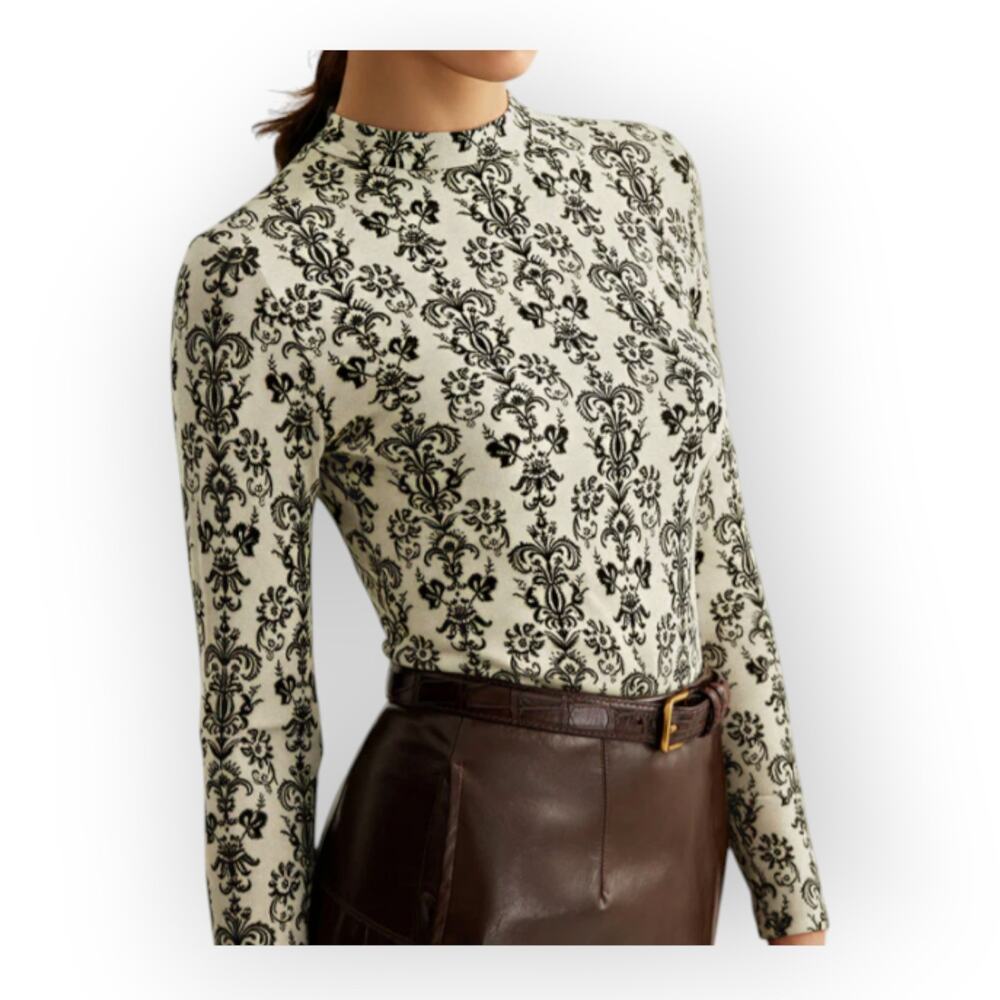 Commense Damask Print Mock Neck Top Sheer Knit Long Sleeve XL - Parisian Romance